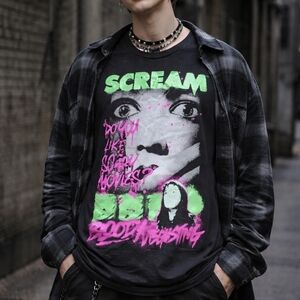 Scream Graphic Tee L Black Pink Green Horror Movie Quote Streetwear Goth Grunge